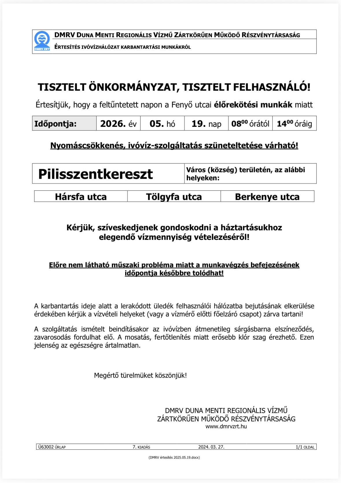 DMRV SZOLGÁLTATÁS KORLÁTOZÁS